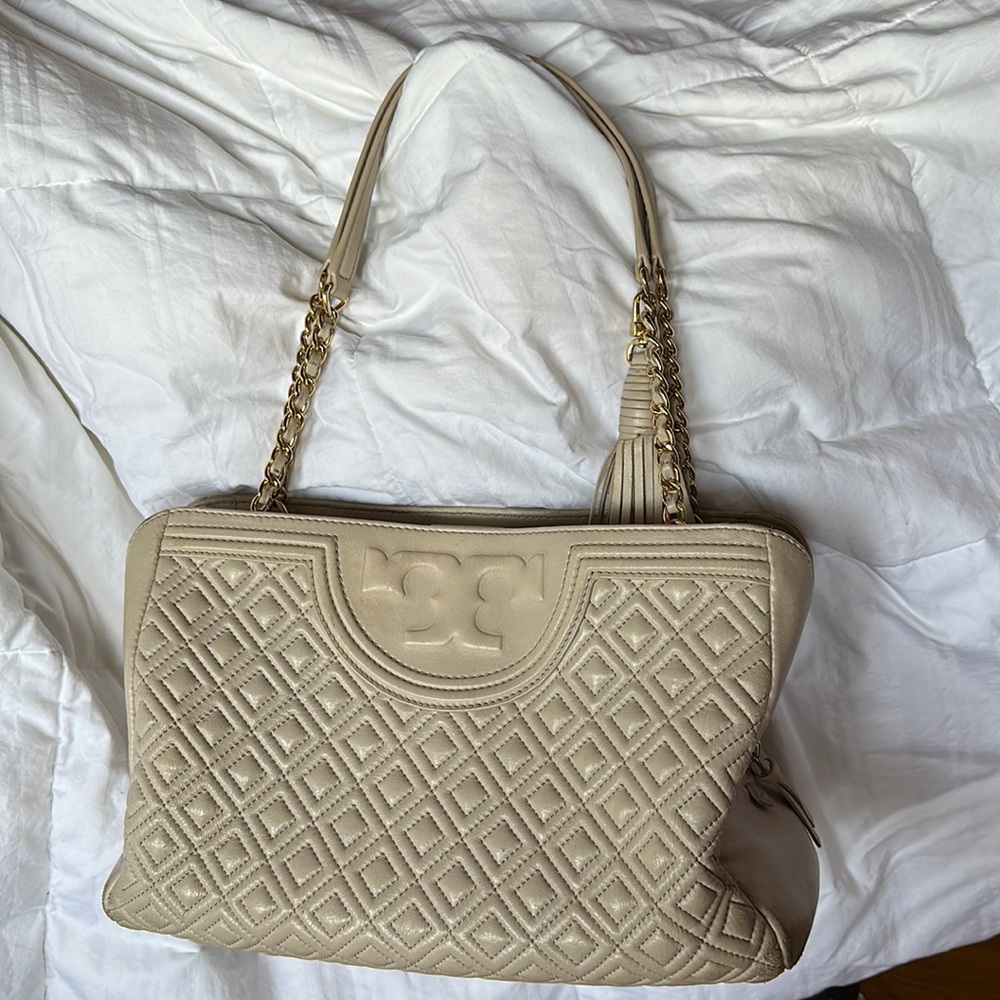 Tory Burch Quilted Fleming open shoulder calf bag in beige